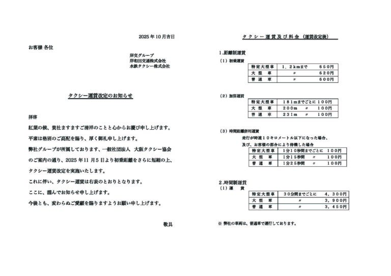 タクシー運賃改定のお知らせ
